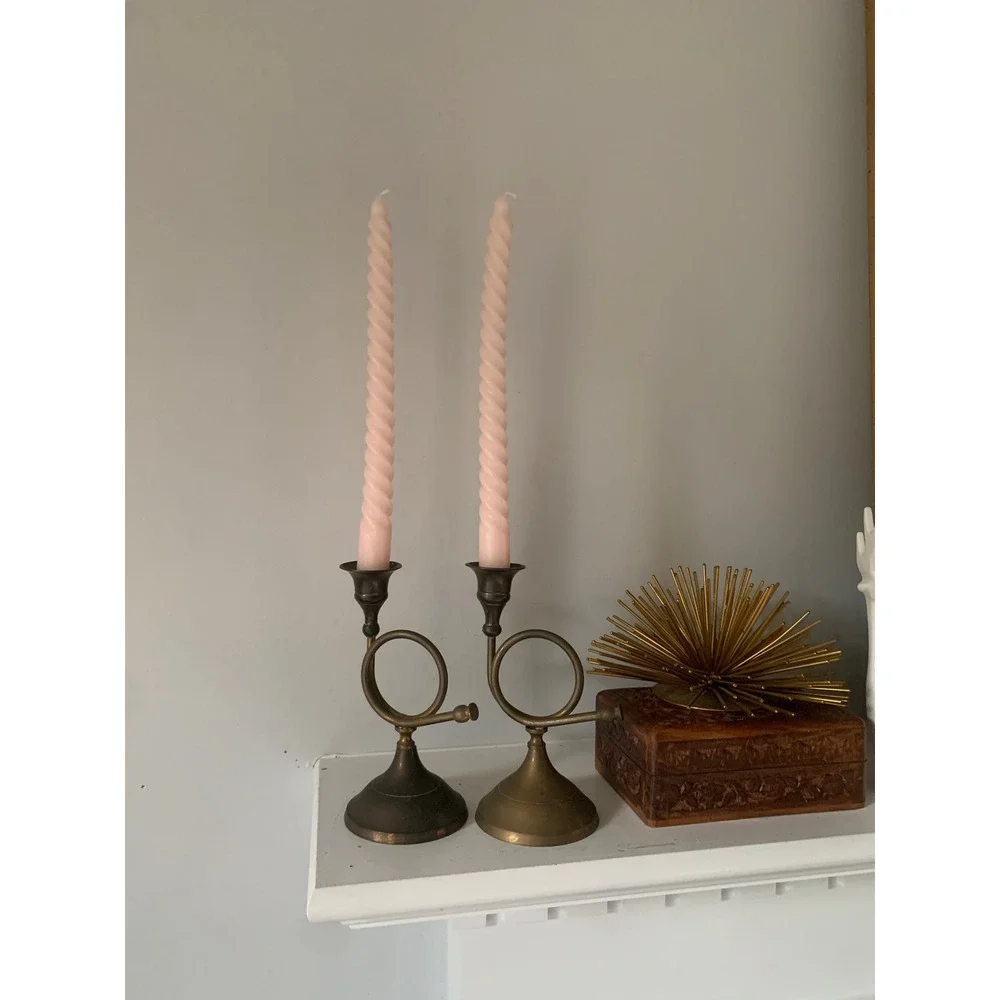 2 Vintage Brass French Horn Candlestick Holders Pair Musical Taper Candle Stands